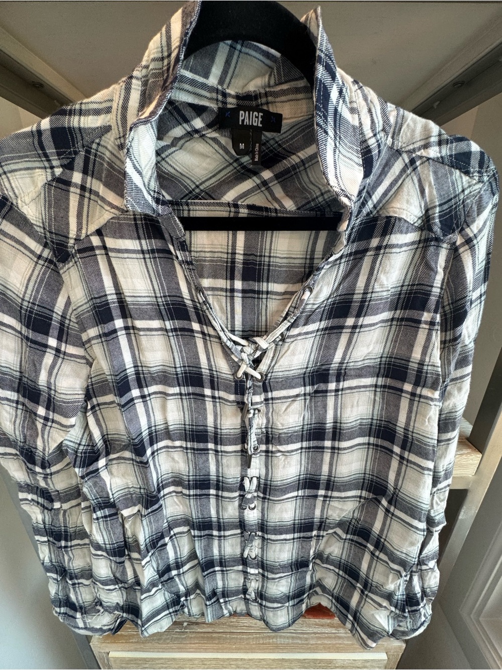 PAIGE Navy and White Plaid Button-Up Shirt